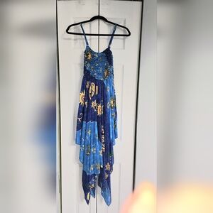 Advance Apparels Blue and Yellow Floral Asymmetrical Handkerchief Hem Dress